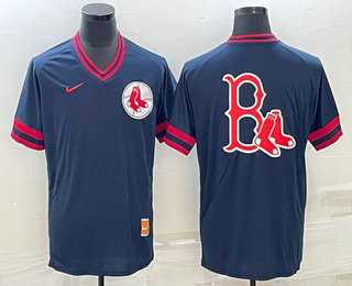 Men%27s Boston Red Sox Big Logo Navy Blue Nike Cooperstown Collection Legend V Neck Jersey